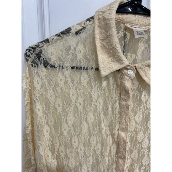 Belle Du Jour Sheer Butter Yellow Lace Button-Down Blouse Womens Sz Small - Picture 5 of 10